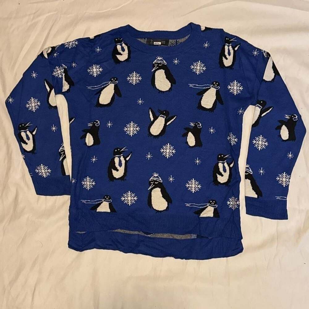 Women’s Blue Christmas Sweater with Penguins Small Size